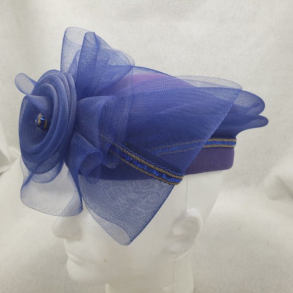 Vintage 80s Church Hat Oversize Bow Wool Felt Formal Tulle Blue Gold Sequins USA - Picture 14 of 14